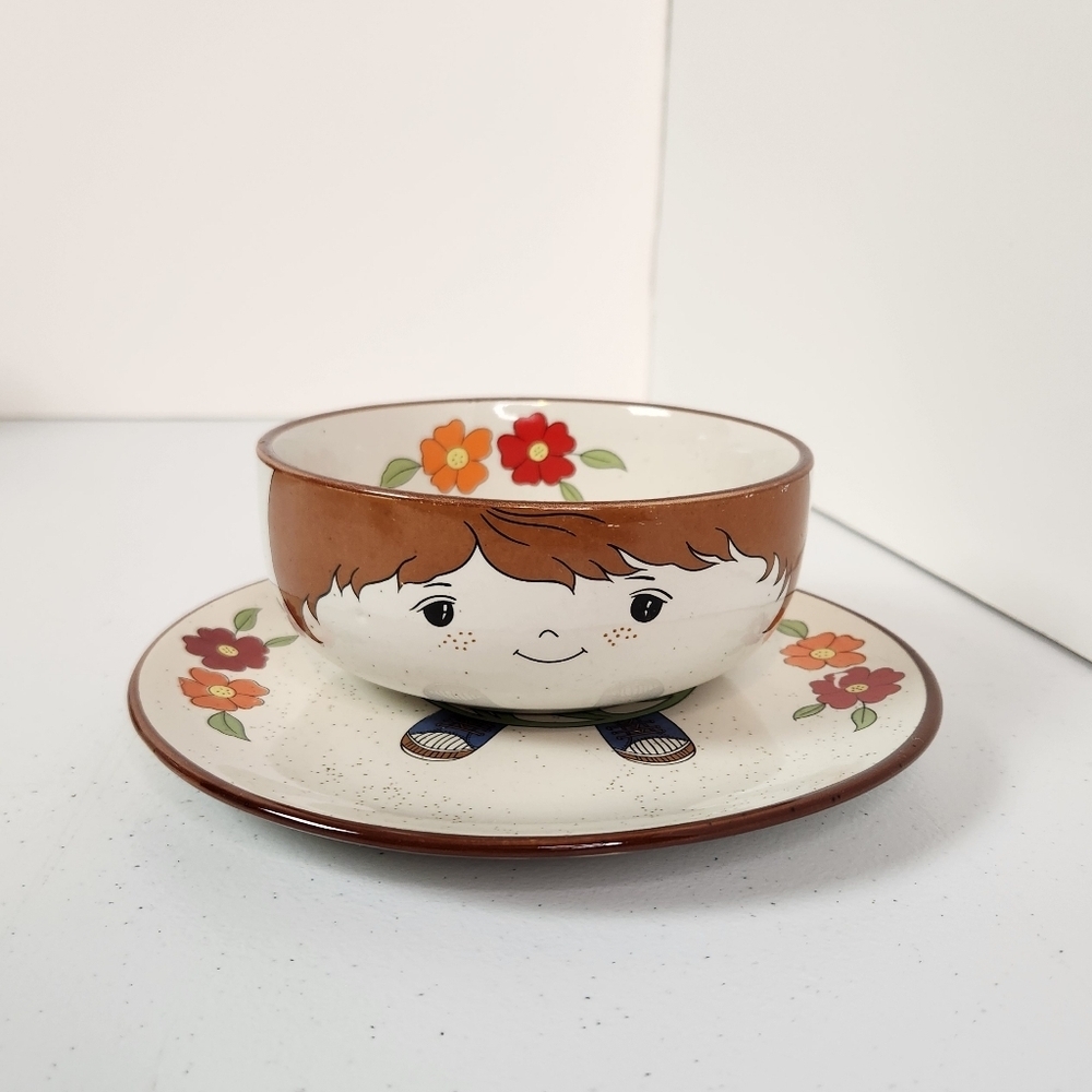 Vintage Interpur Farmer Boy Breakfast Set Bowl Plate Japan 1960s Anthropomorphic